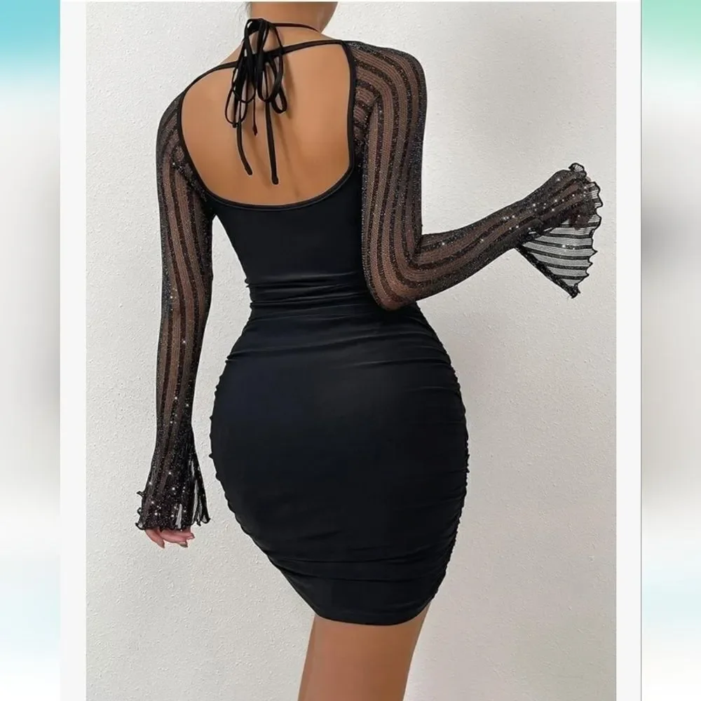 SHEIN CURVE Y2K Whimsigoth Dress Lace Mesh Bell Sleeves Witchy Bodycon Goblin